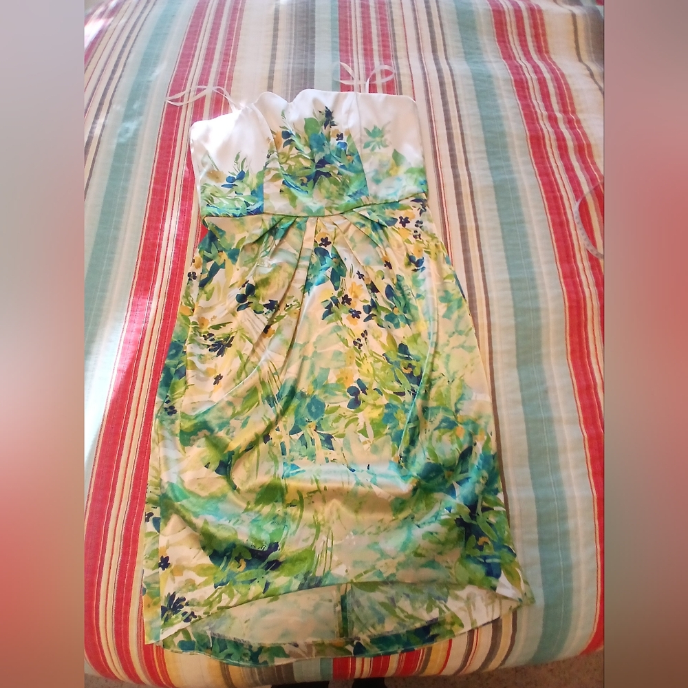 London Times Strapless Dress - Green and Blue Floral Design